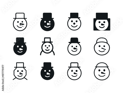 Snowman Logo Variations. Snowman-building contest and snow activities. Icon set. Set Logo of Snowman-building contest and snow activities: snowman head.