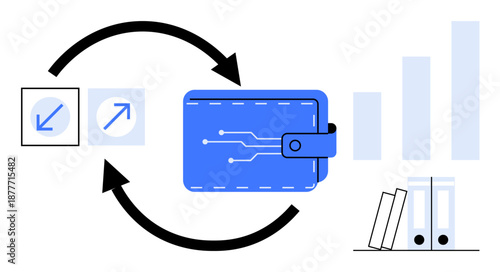 Digital wallet concept. Digital wallet with data exchange symbols, financial charts, and files. Digital wallet for payment systems, fintech, financial planning, e-commerce, and data management