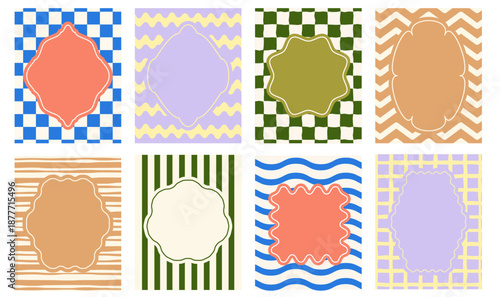 Collection of abstract decorative poster set with organic frames and geometric patterns with copy space for branding, social media templates, price tag, announcement, invitations, covers, packaging