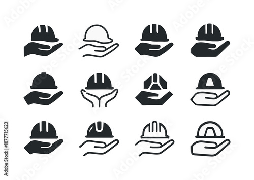 Hands-On Icon Logos. Hands-on job. Icon set. Set Logo of hands-on job: construction helmet. harmonious logo variations: Negative space, Minimal outline,