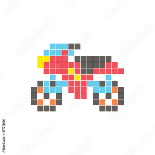 A flat pixel design made of geometric square color blocks on a clean icon layout. Pixel art motorcycle