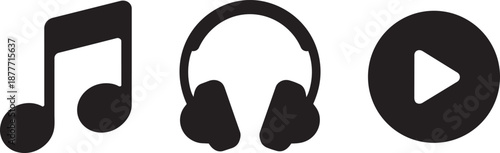 Digital audio icons set showing musical note headset device and multimedia play control interface