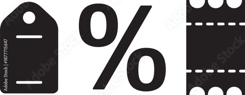 Discount and sale symbols including price tag percentage sign and perforated coupon