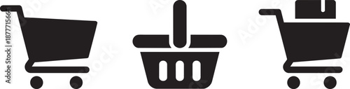 E commerce and shopping cart icons showing trolley basket and delivery box for online purchase
