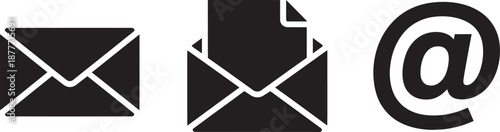 Email icon set with closed envelope, open envelope with document, and at sign for communication