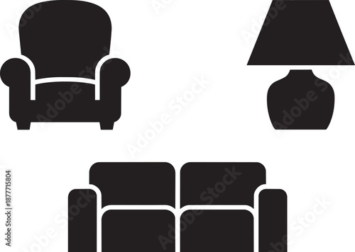 Living room furniture icons representing armchair sofa and modern table lamp for interior decoration design