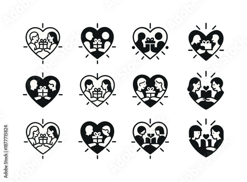 Gift Exchange Icons. happy couple exchanging thoughtful gifts. Icon set. Set Logo of happy couple exchanging thoughtful gifts: heart pulse around gift.