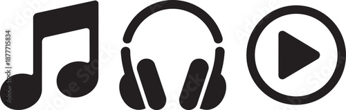 Music player icons including double eighth note over-ear headphones and circular play button sign