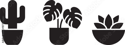 Minimalist black silhouettes of indoor potted plants including a cactus monstera and succulent icons