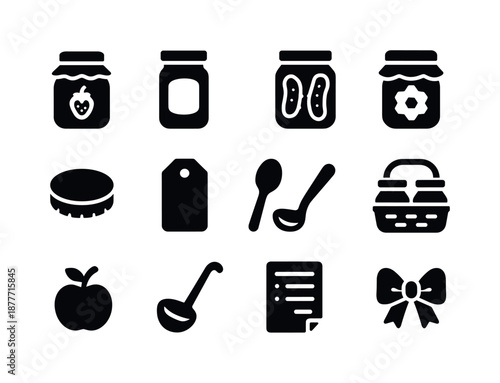 Homemade Goods Icons. Homemade goods. Solid icon set of homemade goods: jam jar, sauce jar, pickles, honey jar, jar lid, label tag, spoon, jar basket, fruit