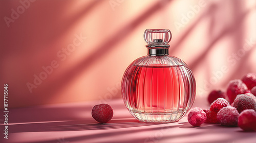 A luxurious glass bottle of perfume with a pink rose flower creates a beautiful scent and fragrance decoration isolated as a cosmetics beauty object