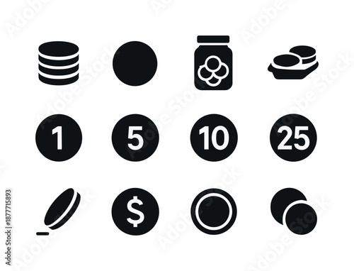 Coin Icon Set. Coin icons. Solid icon set of coin icons: stack of coins, single coin, coin jar, coin tray, penny icon, nickel icon, dime icon, quarter icon,