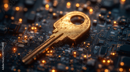 An antique golden key rests in a vintage door lock on a dark blue background to symbolize home security and the metallic object of success used to unlock safety