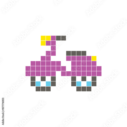 A flat pixel design made of geometric square color blocks on a clean icon layout. Pixel art scooter