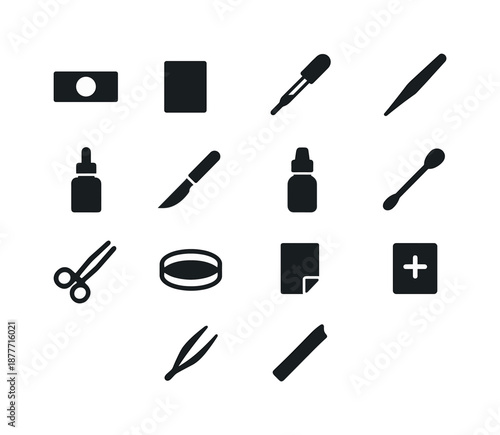 Slide Prep Tools. Slide preparation tools. Solid icon set of Slide preparation tools: glass slide, cover glass, pipette, tweezers, dropper bottle, scalpel,