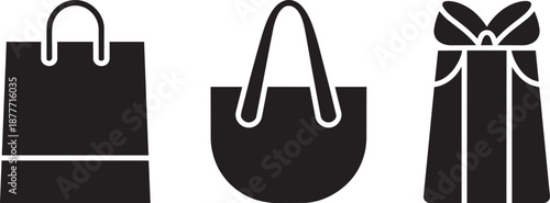 Shopping and gift vector icons showing a paper bag a reusable tote and a wrapped present