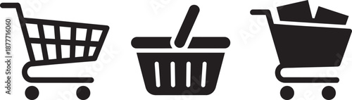 Shopping icon set showing empty shopping cart, market basket, and full trolley with items