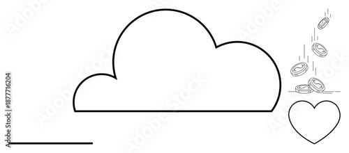 Cloud computing, online donations, charitable giving, digital currency, fintech, income generation. Outline of cloud, coins dropping into a heart icon. Cloud computing and online donations concept