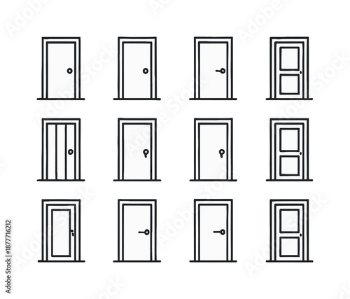 Wooden Door Icons. wooden door. Line icon set of wooden door: minimal door, simple outline, rectangular shape, door panel, small knob, hinge dot, thin frame,