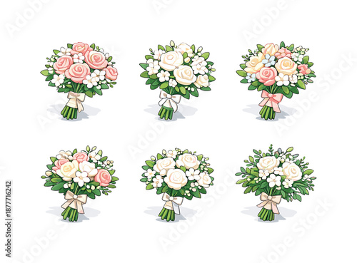 Wedding Bouquet Icons. Wedding flower bouquets. Isometric flat vector icons set of Wedding flower bouquets: bridal rose bouquet, white floral bouquet, pastel