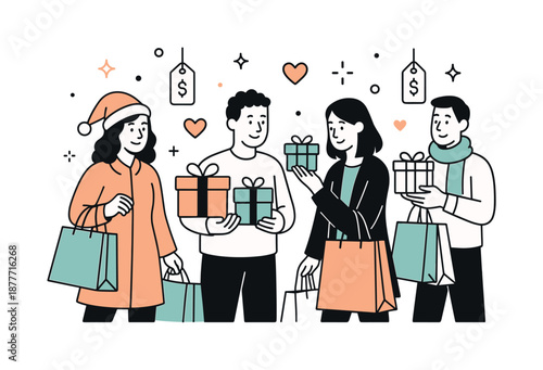 Festive Gift Shopping. Christmas shopping. People choosing gifts with shopping bags and wrapped boxes. Friendly holiday atmosphere and relaxed preparation with