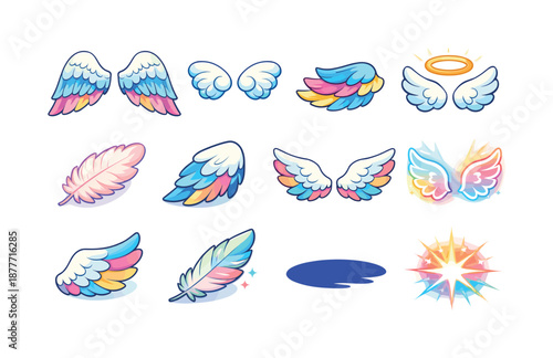Colorful Angel Wings Icons. Angel wings. Colorful isometric vector icons set of angel wings: large feathered wings, small cherub wings, layered wing feathers,