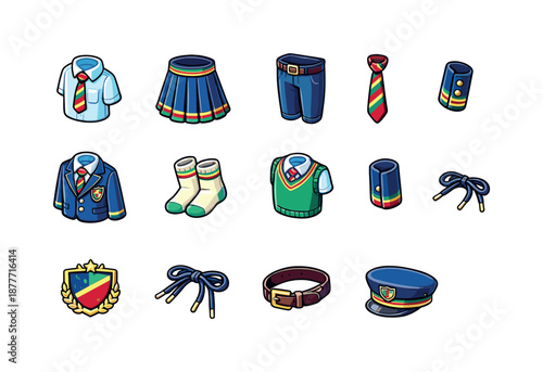 School Uniform Icons. School uniform parts. Colorful isometric vector icons set of school uniform parts: collared shirt, pleated skirt, trousers, tie, blazer,