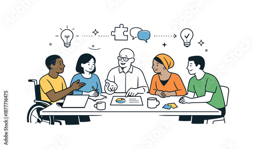 Unified Teamwork. Inclusive collaboration. People of different backgrounds working together around a shared table. Calm cooperation and mutual respect, simple