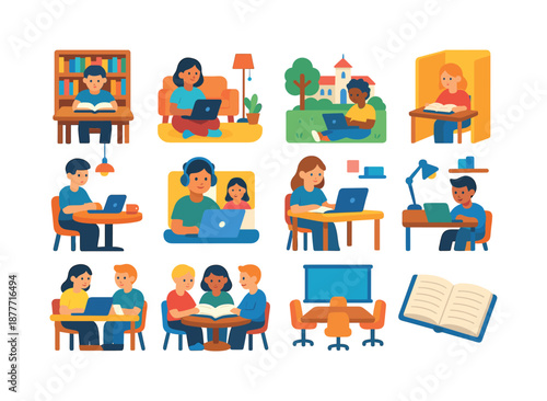 Study Environment Icons. Study environments. Colorful flat vector icons set of study environments: library table, living room floor, campus lawn, study booth,