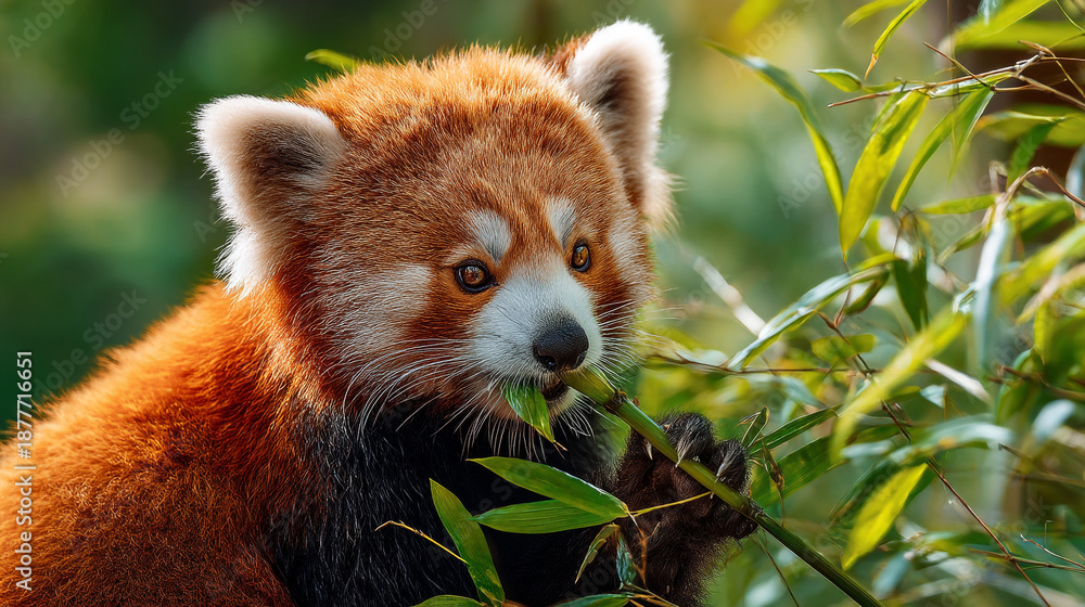 Fototapeta premium Adorable Red Panda Holding Bamboo Branch and Eating in Nature