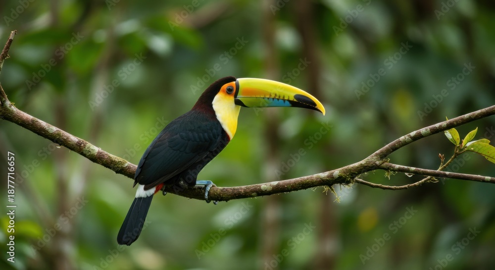 Obraz premium A colorful bird with a large beak perches on a branch