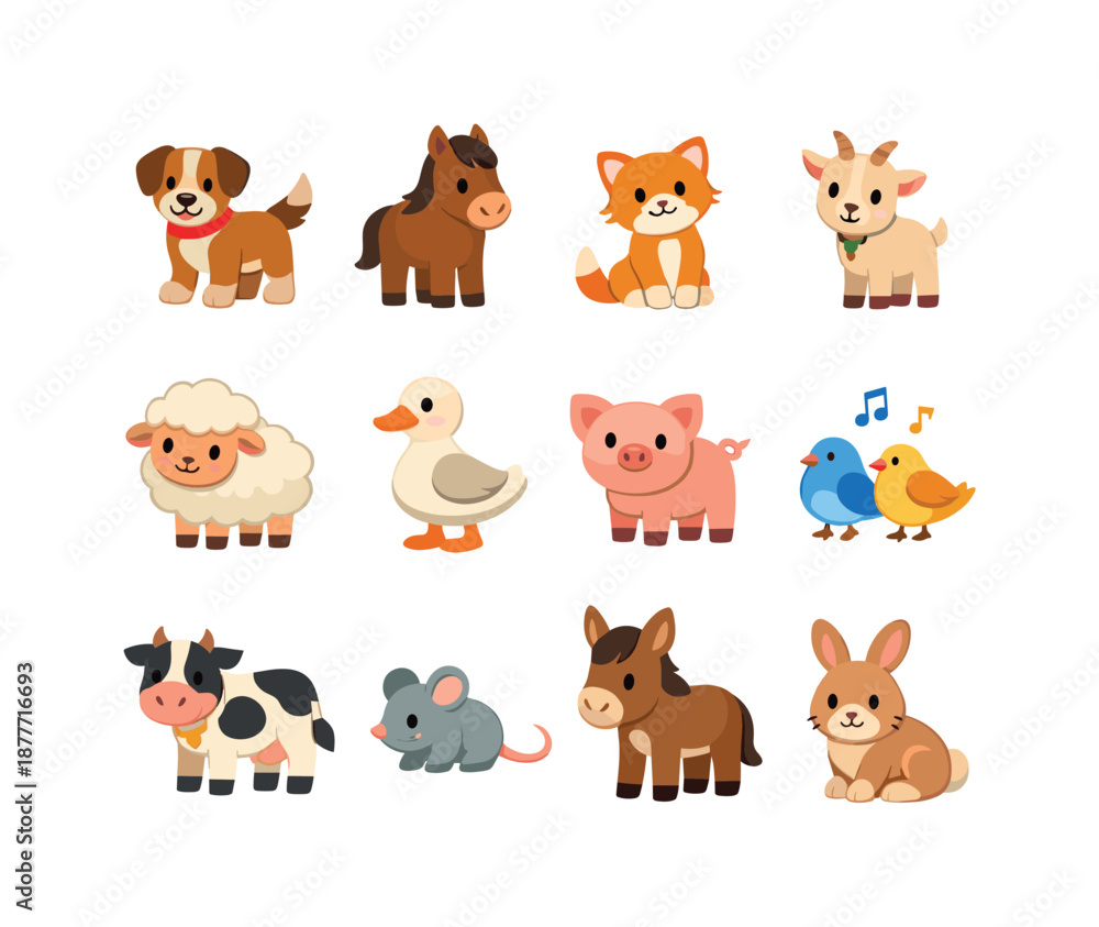 Obraz premium Rural Animal Companions. Rural Companions. Colorful flat vector icons set of Rural Companions: farm dog buddy, loyal horse, barn kitten, friendly goat, soft