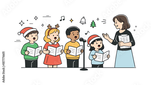 Children's Concert Rehearsal. Kids performing holiday concert rehearsal. Children practicing songs while a teacher gently guides them. Focused preparation and