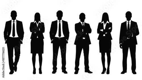 Collection of six professional business people silhouettes standing together in formal attire