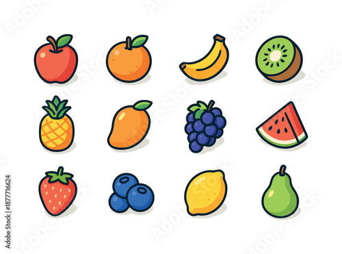 Colorful Fruit Icons. Fruits. Colorful isometric vector icons set of fruits: apple, orange, banana, kiwi slice, pineapple, mango, grapes, watermelon slice,