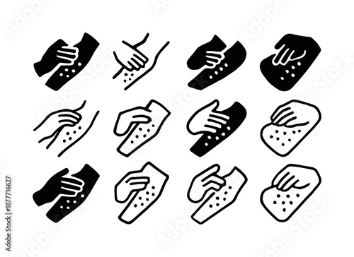 Sunscreen Icon Variations. Applying sunscreen. Icon set. Set Logo of applying sunscreen: skin with dotted lotion pattern. harmonious logo variations of the