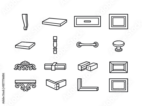 Handcraft Furniture Icons. Handcraft furniture elements. Line icon set of Handcraft furniture elements: chair leg, table top, drawer front, cabinet door, shelf