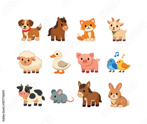 Rural Animal Companions. Rural Companions. Colorful flat vector icons set of Rural Companions: farm dog buddy, loyal horse, barn kitten, friendly goat, soft