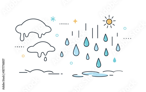 Melting Snow Abstract. Melting snow illustration. Abstract snow shapes dissolving into droplets and lines, arranged in a clean editorial composition. The scene