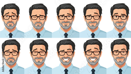 Collection of ten illustrated portraits showing a middle aged man displaying various distinct human emotions