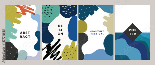 Trendy abstract poster templates set with organic fluid shapes, hand-drawn doodles, and a modern design aesthetic for covers and flyers.