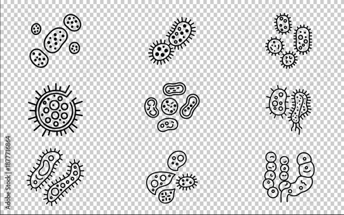 Bacteria and Virus Black Outline Icons Set – Microorganisms, Germs, Pathogens Line Vector Isolated on Transparent Background