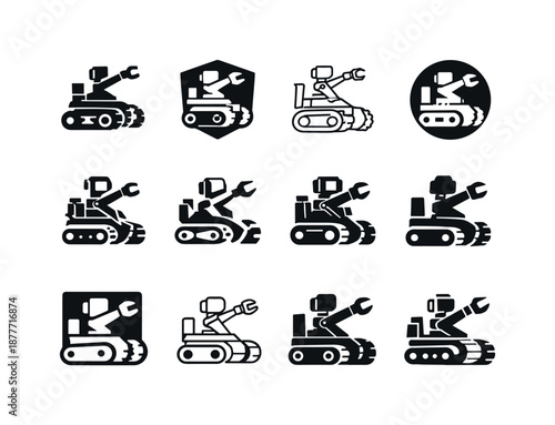 Sapper Robot Logos. Sapper. Icon set. Set Logo of sapper: bomb disposal robot. harmonious logo variations: Flat solid, Iconic shape, Minimal outline, Negative