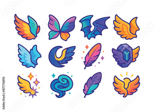 Mythical Wings Icons. Mythical wings. Colorful isometric vector icons set of mythical wings: phoenix wings, fairy wings, dragon-feather hybrid wings, griffin
