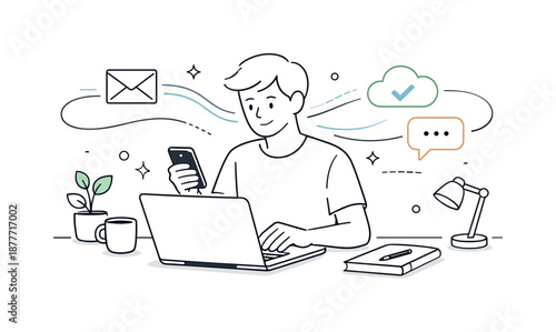 Efficient Digital Workspace. Modern office workspace. A person switching between a laptop and smartphone on a clean desk. Smooth multitasking and efficiency,