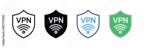 VPN Shield Icon Set with WiFi Signal, Secure Internet and Network Protection Symbols Vector Illustration