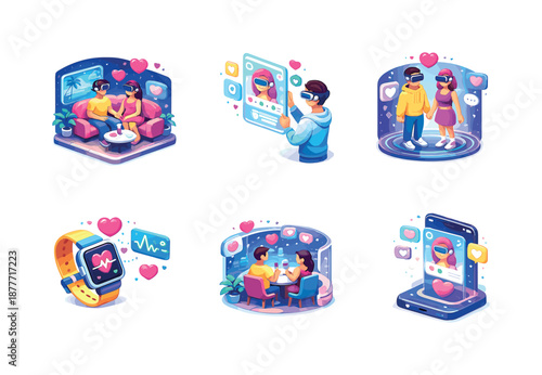 Futuristic Dating Icons. Future dating trends. Isometric flat vector icons set of Future dating trends: virtual reality date scene, augmented reality profile
