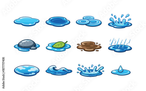 Colorful Rain Puddle Icons. Rain puddles. Colorful isometric vector icons set of rain puddles: shallow puddle, deep puddle, ripple circles, splash droplets,