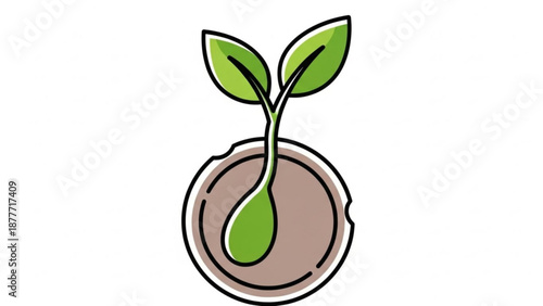 Green Seedling Growing in Pot, Isolated on White, Cartoon Style