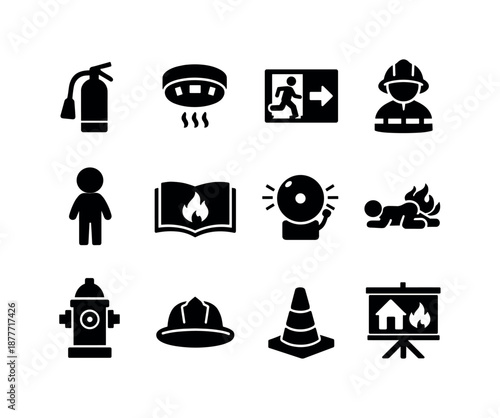 Fire Safety Icons. Fire safety education for children. Solid icon set of Fire safety education for children: fire extinguisher, smoke detector, emergency exit